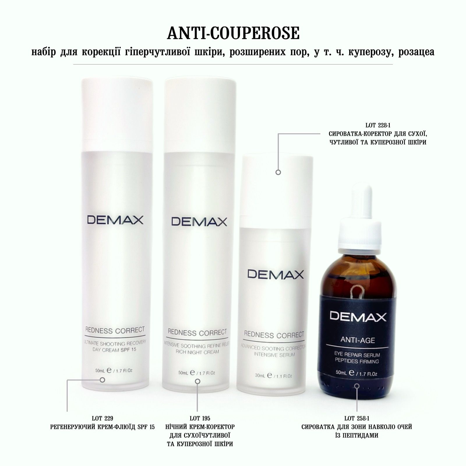 DEMAX ANTI-COUPEROSE набір для корекції гіперчутливої шкіри, розширених пор, у т. ч. куперозу, розацеа, 4 шт