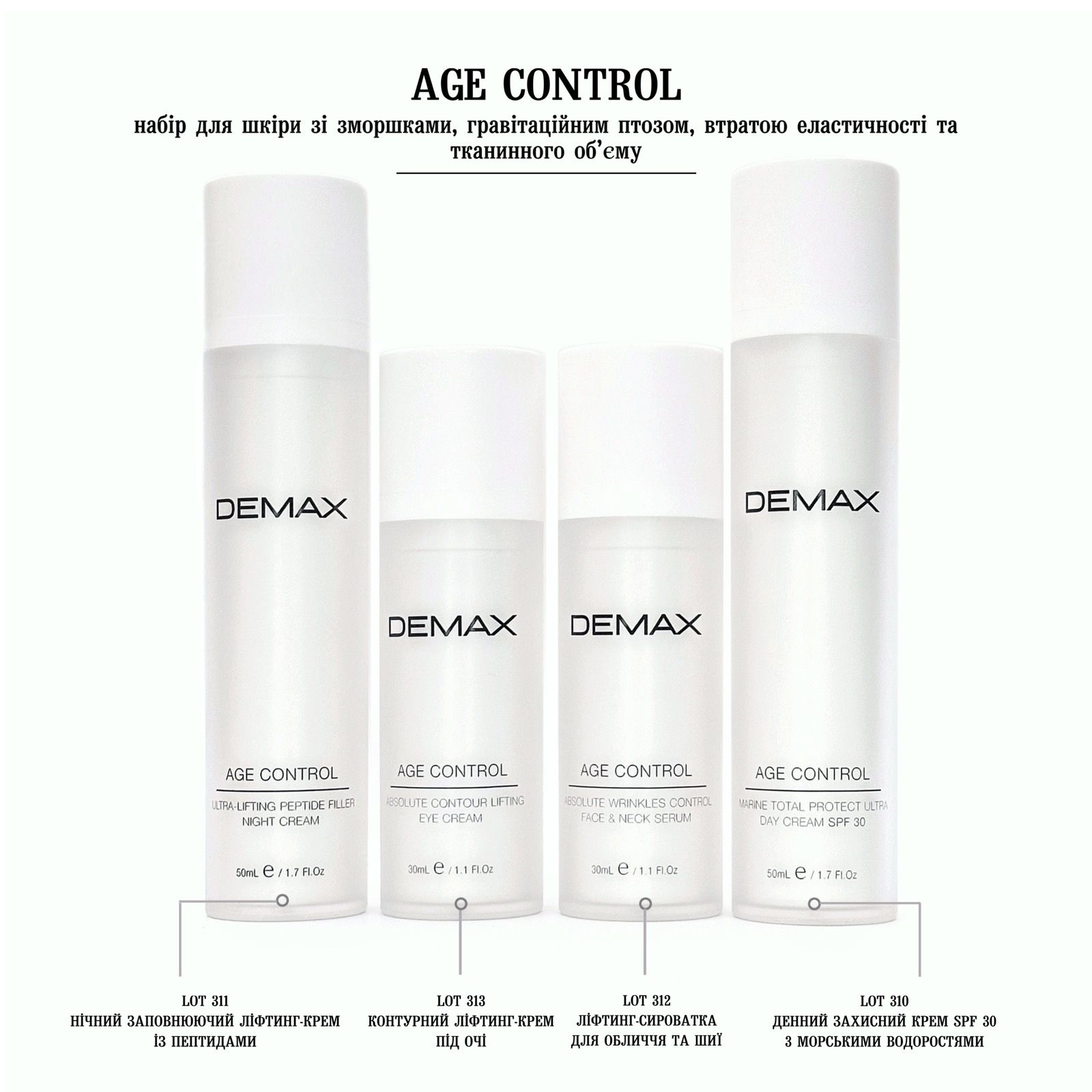 DEMAX AGE CONTROL набір для шкіри зі зморшками, гравітаційним птозом, втратою еластичності та тканинного об’єму, 4шт
